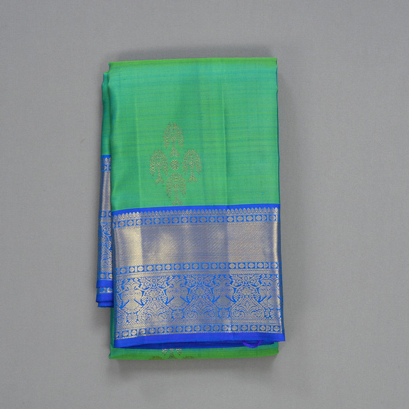 Hayagrivas Handloom Yellowish-Green Kanjivaram Silk Saree with MS Blue Border KBF433F1-12