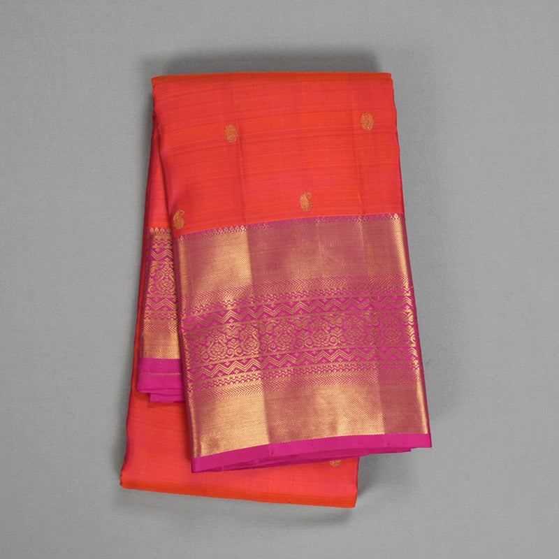 Hayagrivas Handloom Orangish-Pink Kanjivaram Silk Saree with Pink Border KBF433F1-22