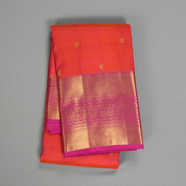 Hayagrivas Handloom Orangish-Pink Kanjivaram Silk Saree with Pink Border KBF433F1-22