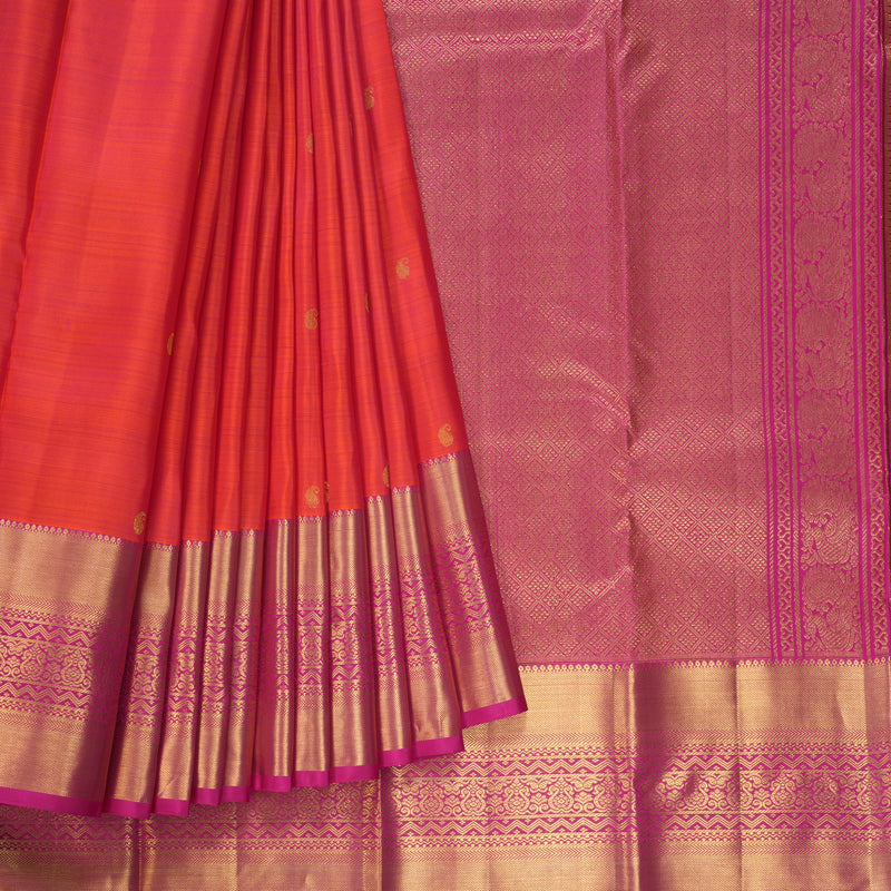 Hayagrivas Handloom Orangish-Pink Kanjivaram Silk Saree with Pink Border KBF433F1-22
