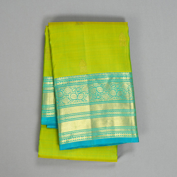 Hayagrivas Handloom Lime Green Kanjivaram Silk Saree with Sky Blue Border KBF433F1-26