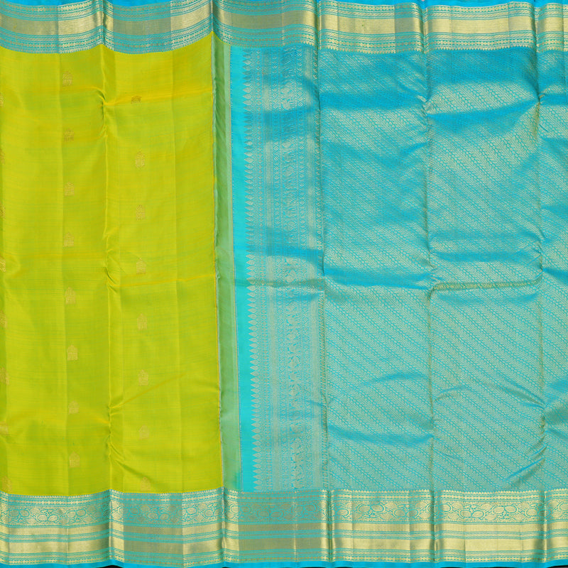 Hayagrivas Handloom Lime Green Kanjivaram Silk Saree with Sky Blue Border KBF433F1-26