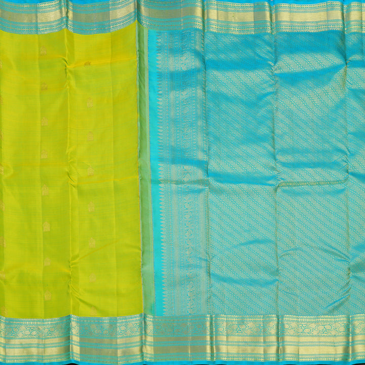Hayagrivas Handloom Lime Green Kanjivaram Silk Saree with Sky Blue Border KBF433F1-26