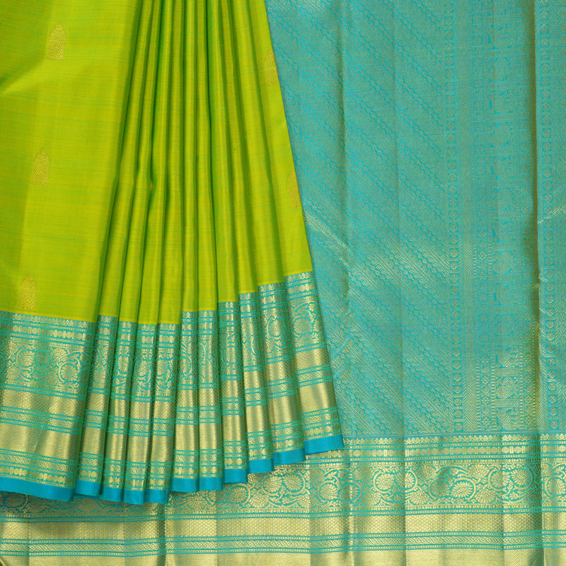Hayagrivas Handloom Lime Green Kanjivaram Silk Saree with Sky Blue Border KBF433F1-26
