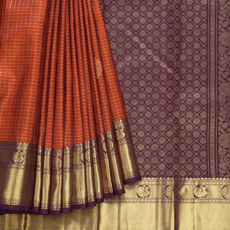 Hayagrivas Handloom Rust Orange Kanjivaram Silk Saree with Plum Purple Border KBF433F14-9