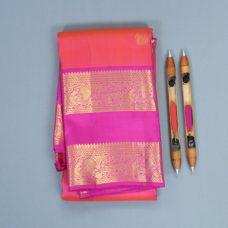 Hayagrivas Handloom Orangish-Pink Kanjivaram Silk Saree with Rani Pink Border KBF433F4-1
