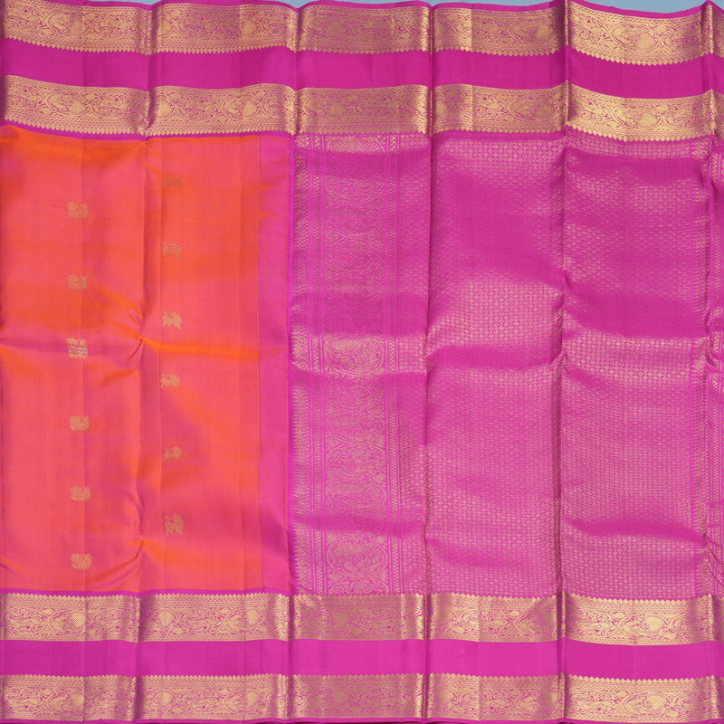 Hayagrivas Handloom Orangish-Pink Kanjivaram Silk Saree with Rani Pink Border KBF433F4-1