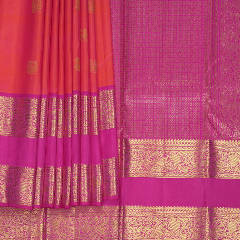 Hayagrivas Handloom Orangish-Pink Kanjivaram Silk Saree with Rani Pink Border KBF433F4-1