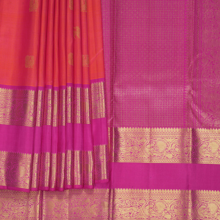 Hayagrivas Handloom Orangish-Pink Kanjivaram Silk Saree with Rani Pink Border KBF433F4-1