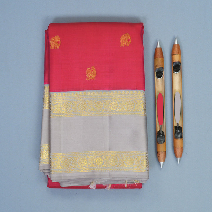 Hayagrivas Handloom Rani Pink Kanjivaram Silk Saree with Grey Border KBF434F4-1