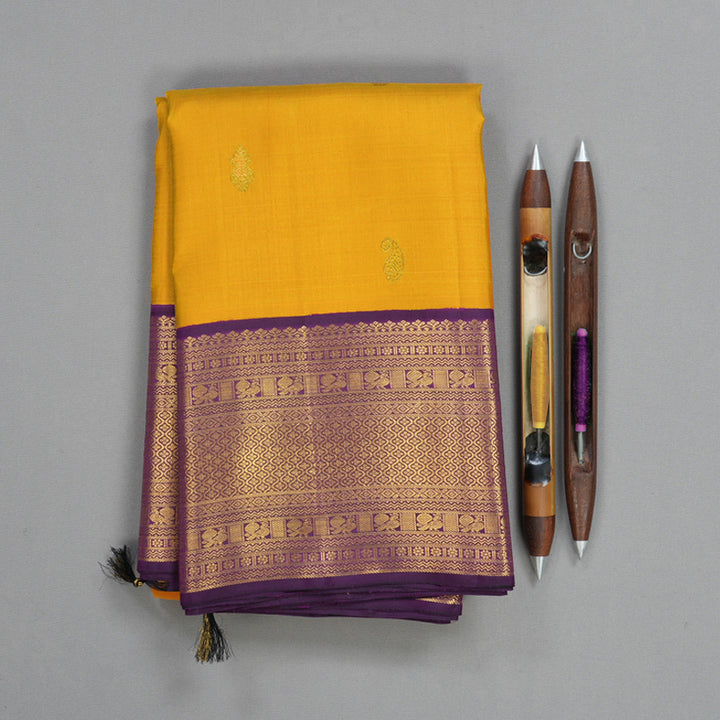 Hayagrivas Handloom Yellow Kanjivaram Silk Saree with Brinjal Purple Border KBF436F4-1
