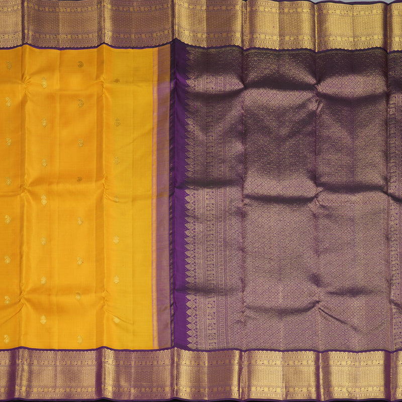 Hayagrivas Handloom Yellow Kanjivaram Silk Saree with Brinjal Purple Border KBF436F4-1