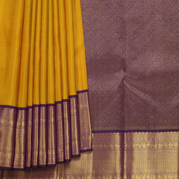 Hayagrivas Handloom Yellow Kanjivaram Silk Saree with Brinjal Purple Border KBF436F4-1
