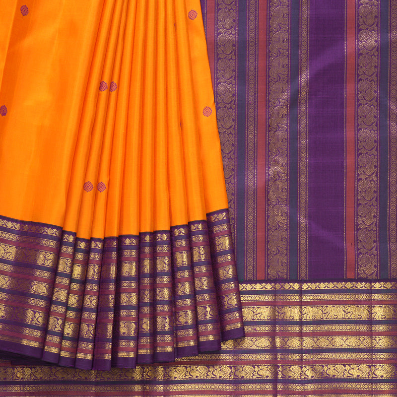 Hayagrivas Handloom Orange Kanjivaram Silk Saree with Purple Border KBF438F4-1