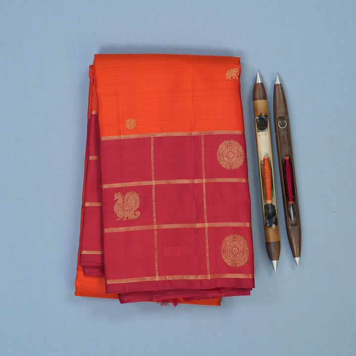 Hayagrivas Handloom Orange Kanjivaram Silk Saree with Red Border KBF43D15-2