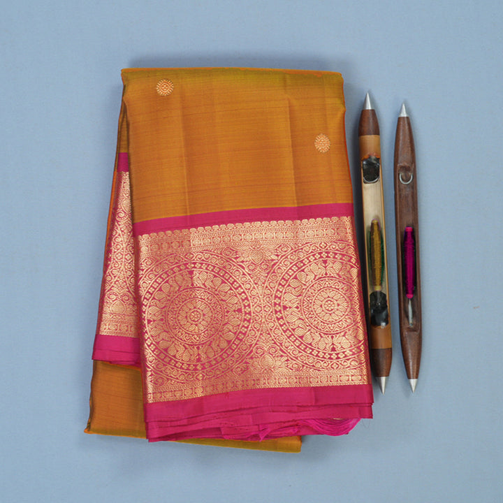 Hayagrivas Handloom Golden Orange Kanjivaram Silk Saree with Pink Border KBF43D17-1