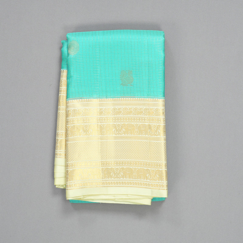 Hayagrivas Handloom Sea Blue Kanjivaram Silk Saree with Pale Yellow Border KBF43D20-1