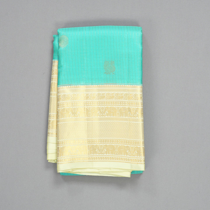 Hayagrivas Handloom Sea Blue Kanjivaram Silk Saree with Pale Yellow Border KBF43D20-1