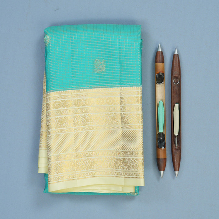 Hayagrivas Handloom Sea Blue Kanjivaram Silk Saree with Pale Yellow Border KBF43D20-2