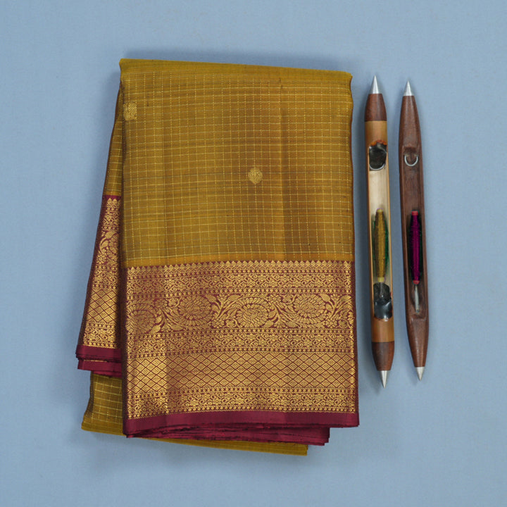 Hayagrivas Handloom Honey Mustard Kanjivaram Silk Saree with Wine Maroon Border KBF43D3-5