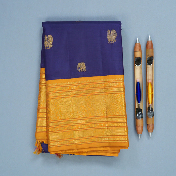 Hayagrivas Handloom Dark Blue Kanjivaram Silk Saree with Mustard Yellow Border KBF446F4-1
