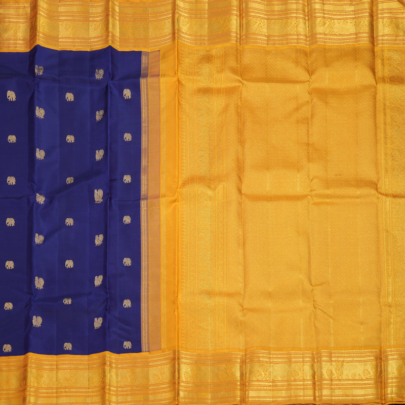 Hayagrivas Handloom Dark Blue Kanjivaram Silk Saree with Mustard Yellow Border KBF446F4-1