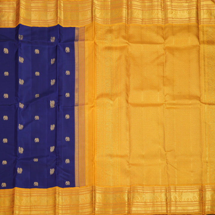 Hayagrivas Handloom Dark Blue Kanjivaram Silk Saree with Mustard Yellow Border KBF446F4-1
