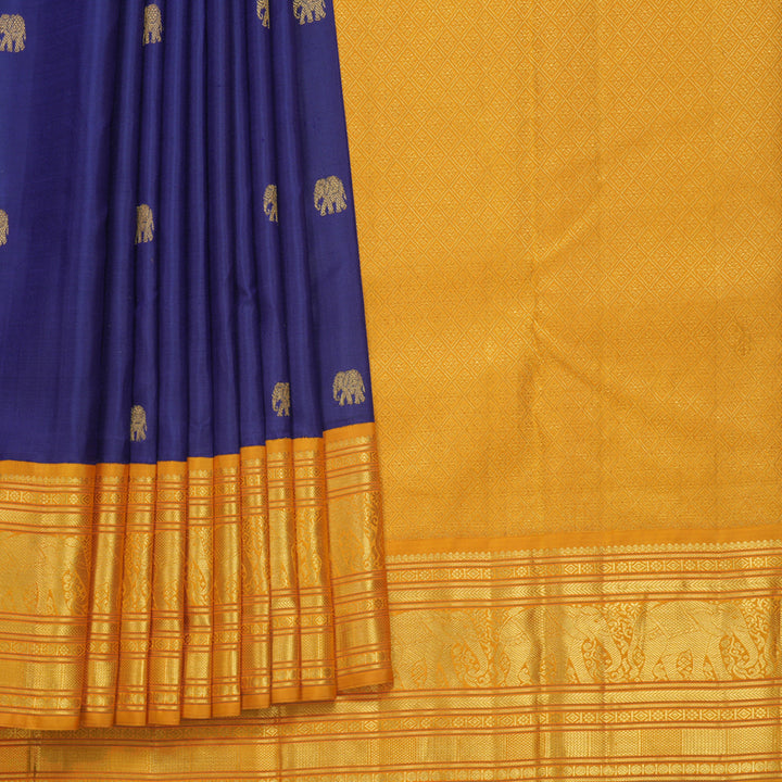 Hayagrivas Handloom Dark Blue Kanjivaram Silk Saree with Mustard Yellow Border KBF446F4-1