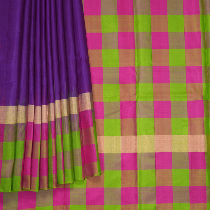 Hayagrivas Handloom Purple Kanjivaram Silk Saree with Multicolour Checks Border KBF447F7-4