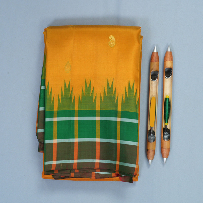 Hayagrivas Handloom Mustard Yellow Kanjivaram Silk Saree with Green Checks Border KBF448F4-6