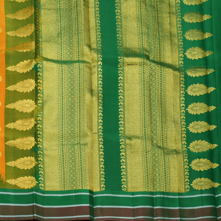 Hayagrivas Handloom Mustard Yellow Kanjivaram Silk Saree with Green Checks Border KBF448F4-6