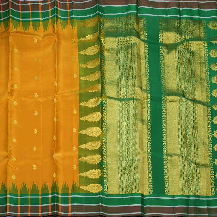 Hayagrivas Handloom Mustard Yellow Kanjivaram Silk Saree with Green Checks Border KBF448F4-6