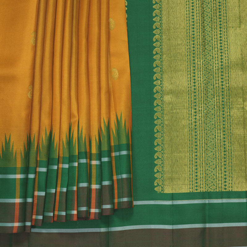 Hayagrivas Handloom Mustard Yellow Kanjivaram Silk Saree with Green Checks Border KBF448F4-6