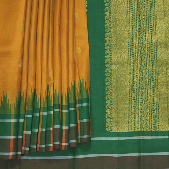 Hayagrivas Handloom Mustard Yellow Kanjivaram Silk Saree with Green Checks Border KBF448F4-6