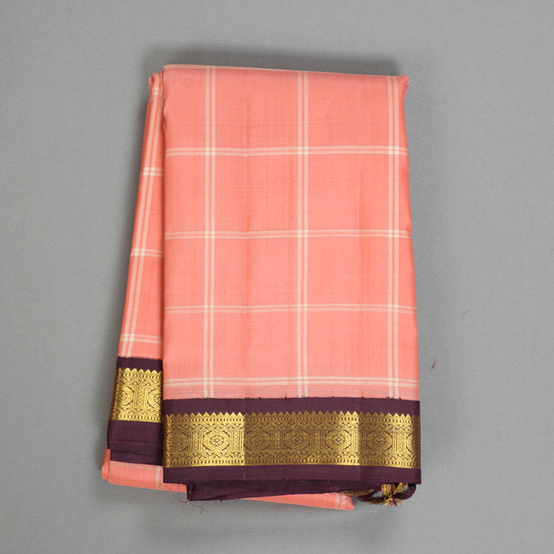 Hayagrivas Handloom Peach Pink Kanjivaram Silk Saree with Dark Plum Border KBF449F1-1