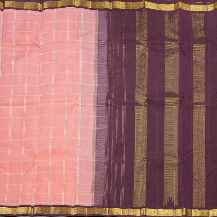 Hayagrivas Handloom Peach Pink Kanjivaram Silk Saree with Dark Plum Border KBF449F1-1