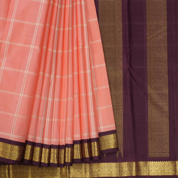 Hayagrivas Handloom Peach Pink Kanjivaram Silk Saree with Dark Plum Border KBF449F1-1