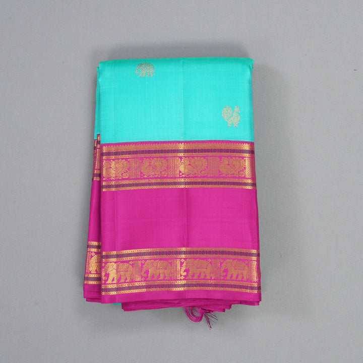 Hayagrivas Handloom Bright Teal Kanjivaram Silk Saree with Rani Pink Border KBF449F7-1