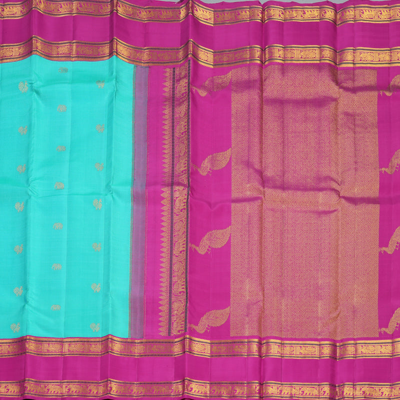 Hayagrivas Handloom Bright Teal Kanjivaram Silk Saree with Rani Pink Border KBF449F7-1