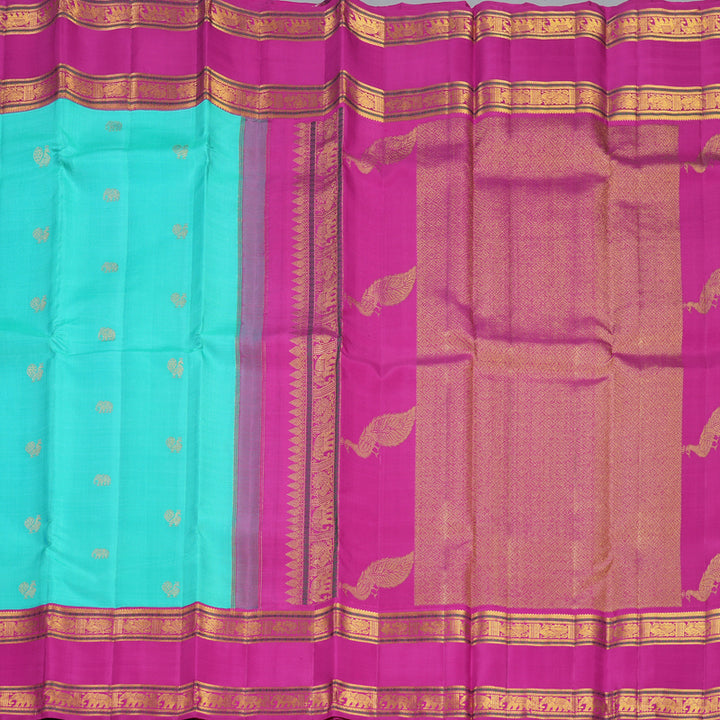 Hayagrivas Handloom Bright Teal Kanjivaram Silk Saree with Rani Pink Border KBF449F7-1
