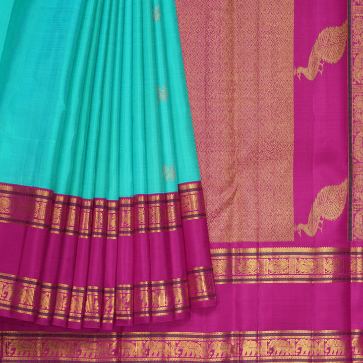 Hayagrivas Handloom Bright Teal Kanjivaram Silk Saree with Rani Pink Border KBF449F7-1