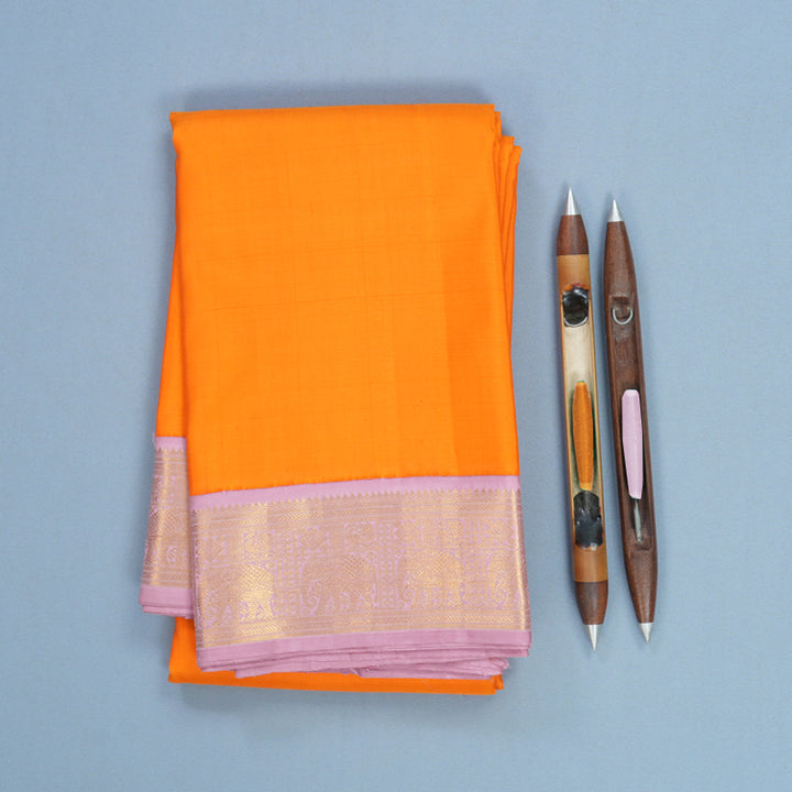 Hayagrivas Handloom Orange Kanjivaram Silk Saree with Pastel Pink Border KBF452F4-1