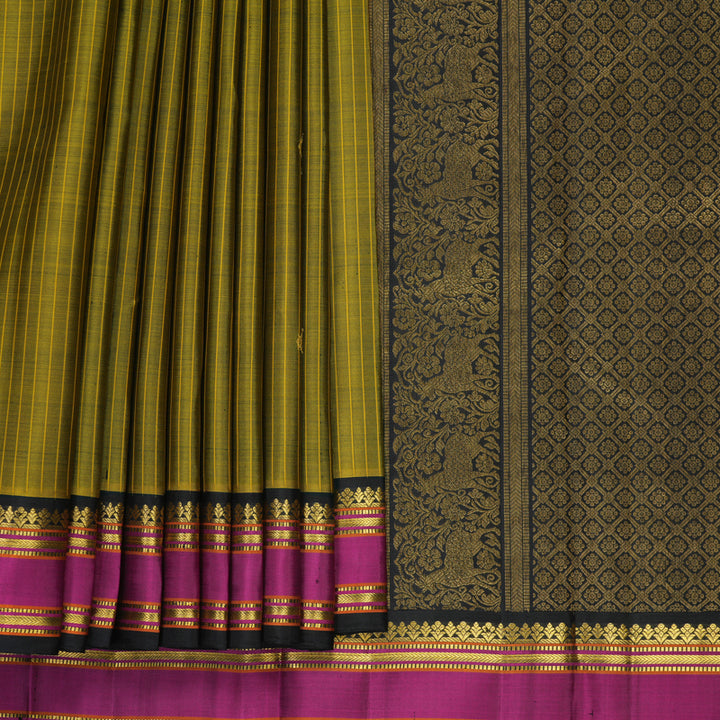 Hayagrivas Handloom Olive Green Kanjivaram Silk Saree with Vadamalli Border KBF455F19-1