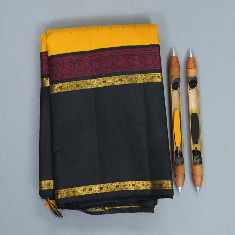 Hayagrivas Handloom Yellow Kanjivaram Silk Saree with Black Border KBF455F30-1
