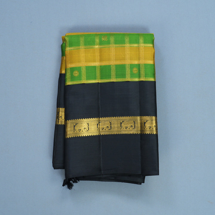 Hayagrivas Handloom Sampanga Yellow & Green Checks Kanjivaram Silk Saree KBF455F32-1