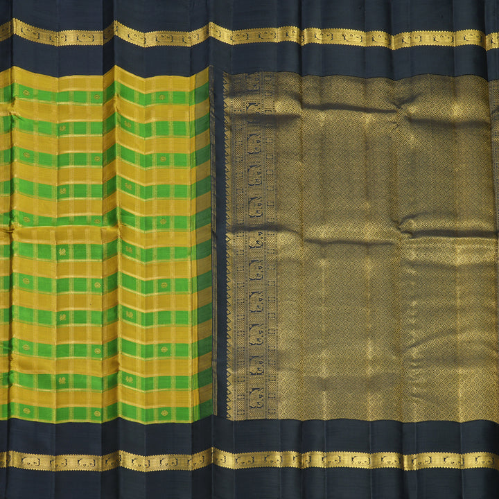 Hayagrivas Handloom Sampanga Yellow & Green Checks Kanjivaram Silk Saree KBF455F32-1