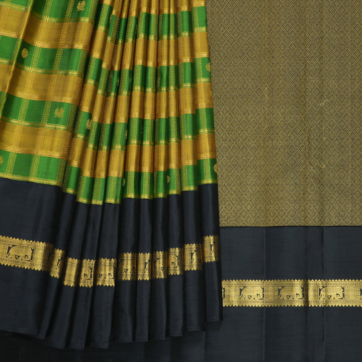 Hayagrivas Handloom Sampanga Yellow & Green Checks Kanjivaram Silk Saree KBF455F32-1