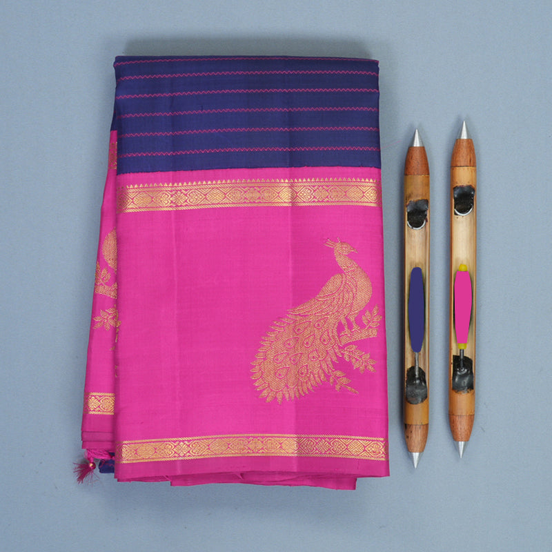 Hayagrivas Handloom Navy Blue Kanjivaram Silk Saree with Rani Pink Border KBF455F36-1