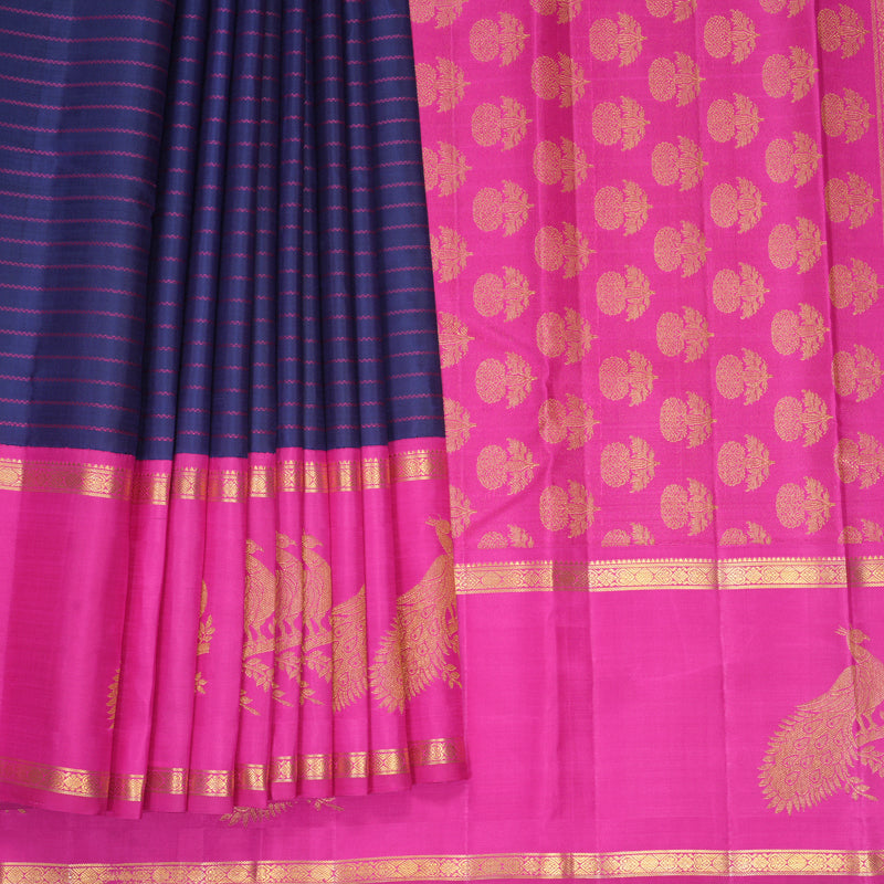 Hayagrivas Handloom Navy Blue Kanjivaram Silk Saree with Rani Pink Border KBF455F36-1
