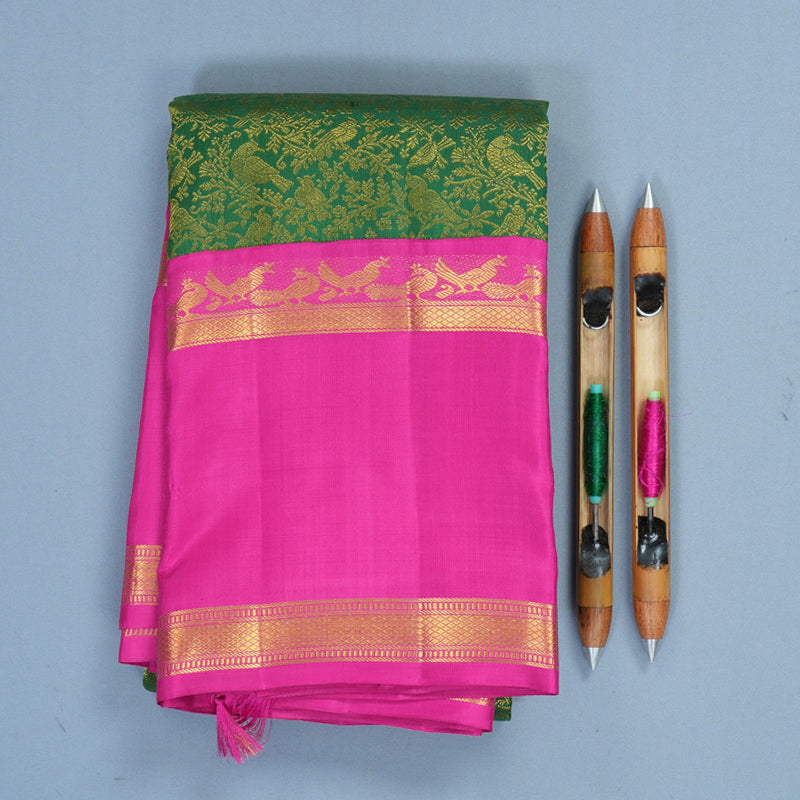 Hayagrivas Handloom Bottle Green Kanjivaram Silk Saree with Rani Pink Border KBF455F38-1
